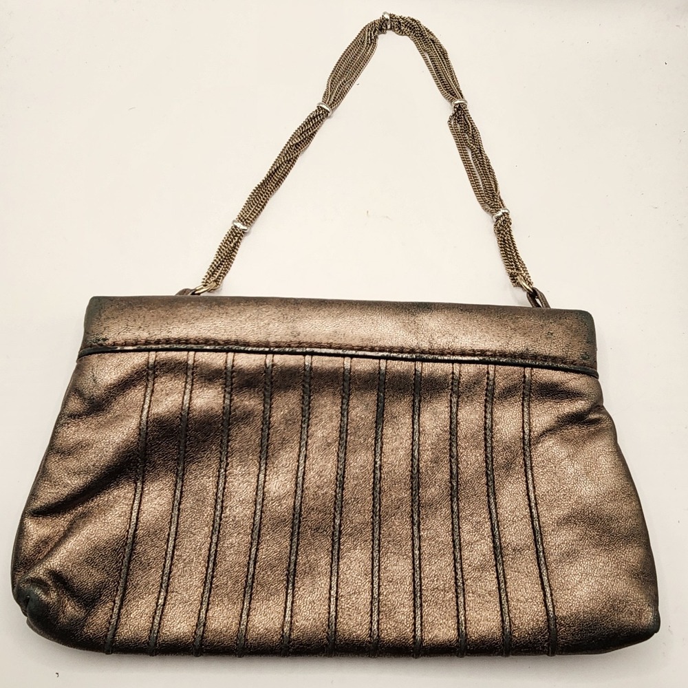 Vintage Era Lauren Merkin Metallic Bronze Pleated Clutch with Multi-Chain Strap